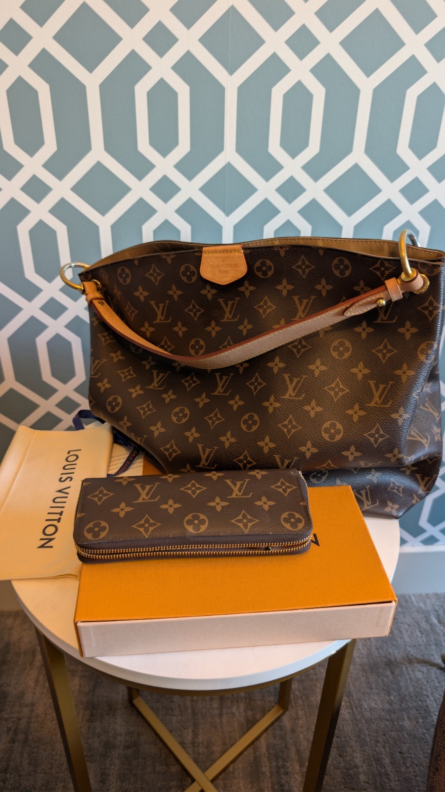 Authentic Louis Vuitton Graceful MM Bag & Clemence Wallet SET Box Proof Ribbon