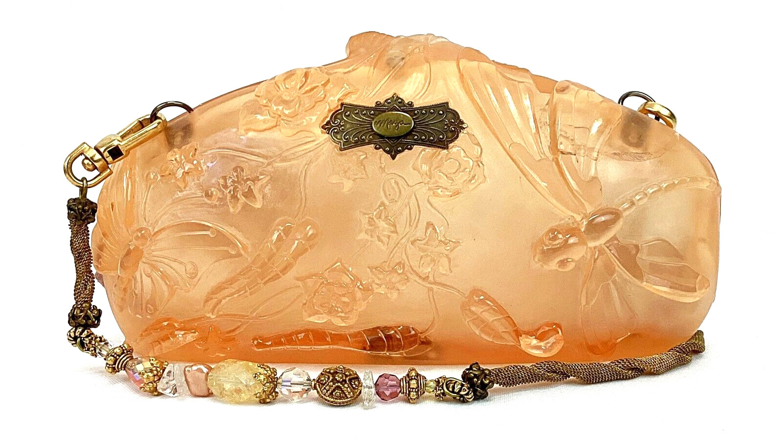 NWT MAYA Evangelista Hard Case Resin Peach Dragonfly Handbag Gold Chain Strap