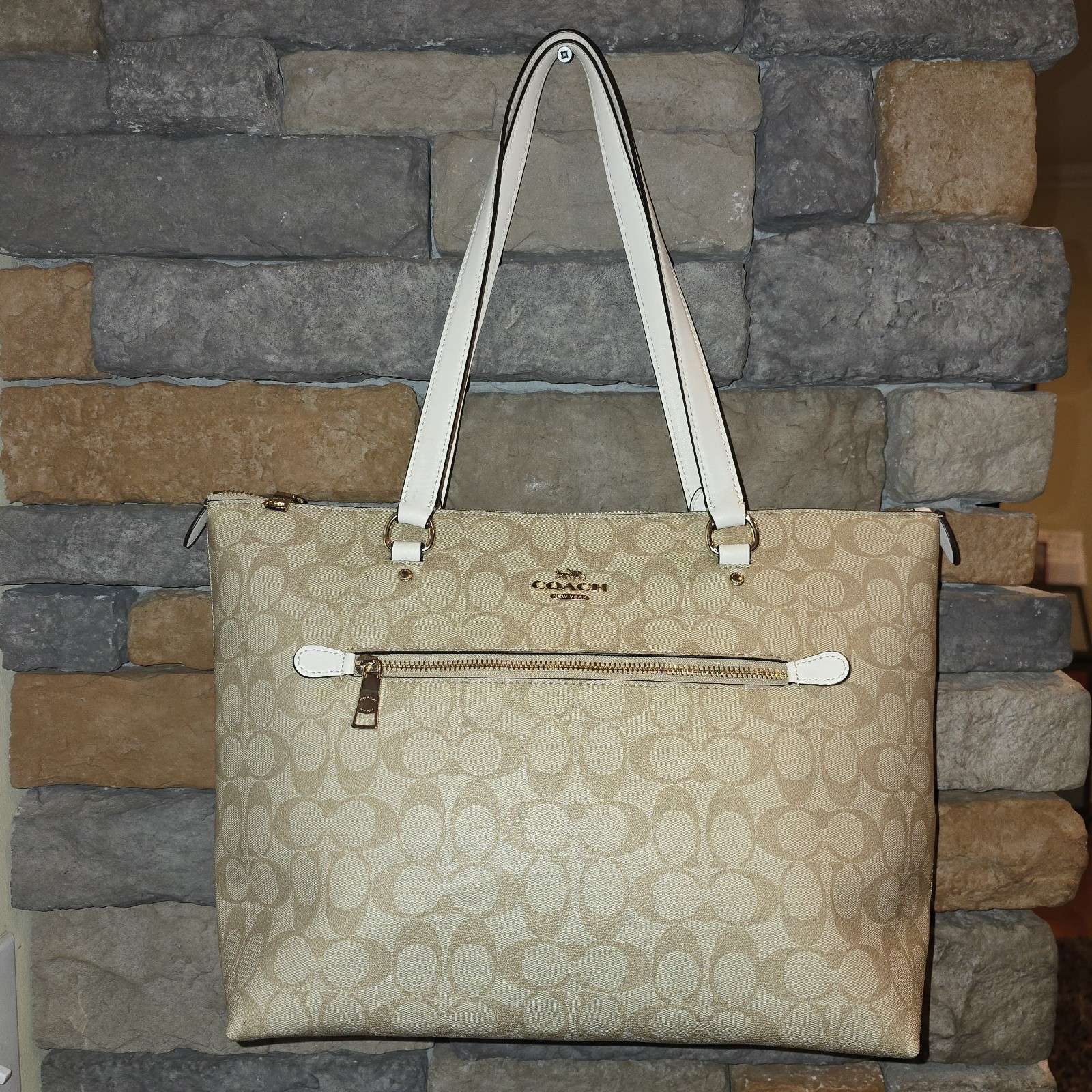 COACH F79609 Gallery Tote Signature Coated Canvas Light Khaki Chalk **