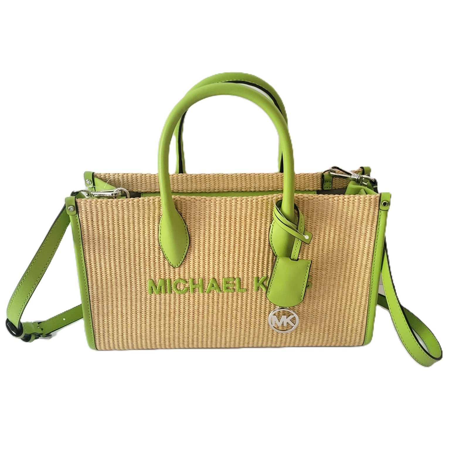 Michael Kors Mirella Medium EW Top Zip Satchel Lime Woven Straw Faux Leather