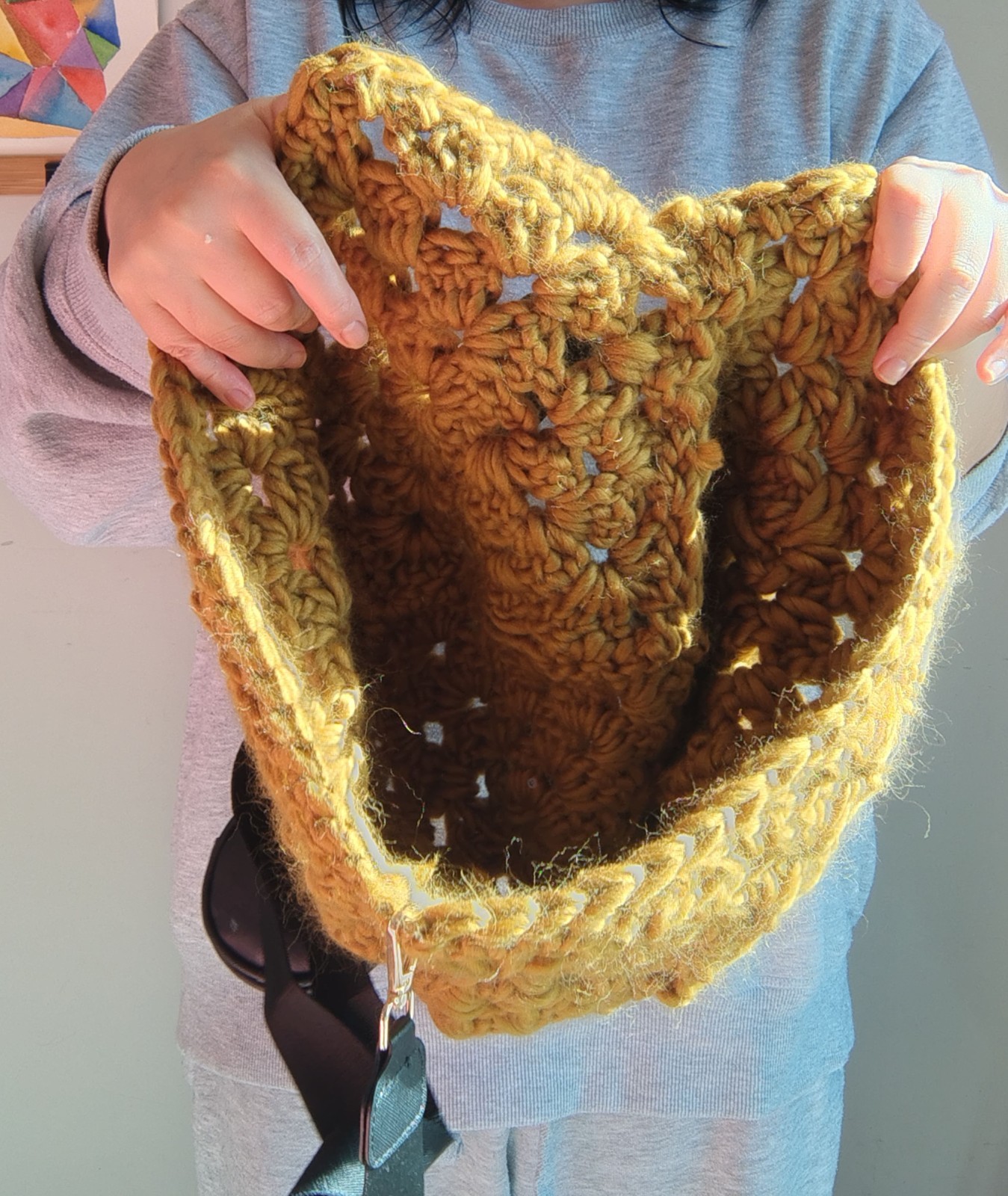 Mustard Crochet Yarn Floral Crescent Crossbody Bag Large Black Strap Handmade