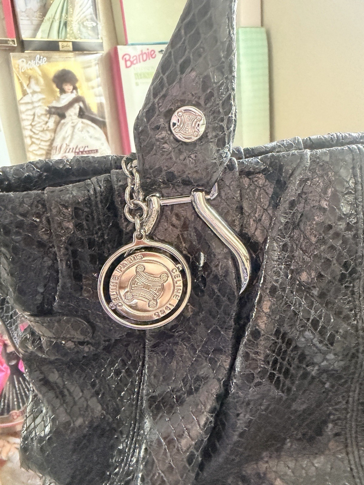 Céline Black Snake Skin Satchel Top Handle Zip Bag Silver Hardware Charm