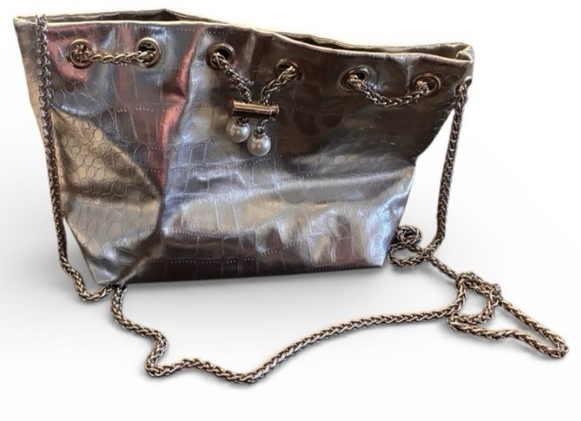 Silver Metallic Crocodile Embossed Shoulder Bag Chain Strap Pearl Accent