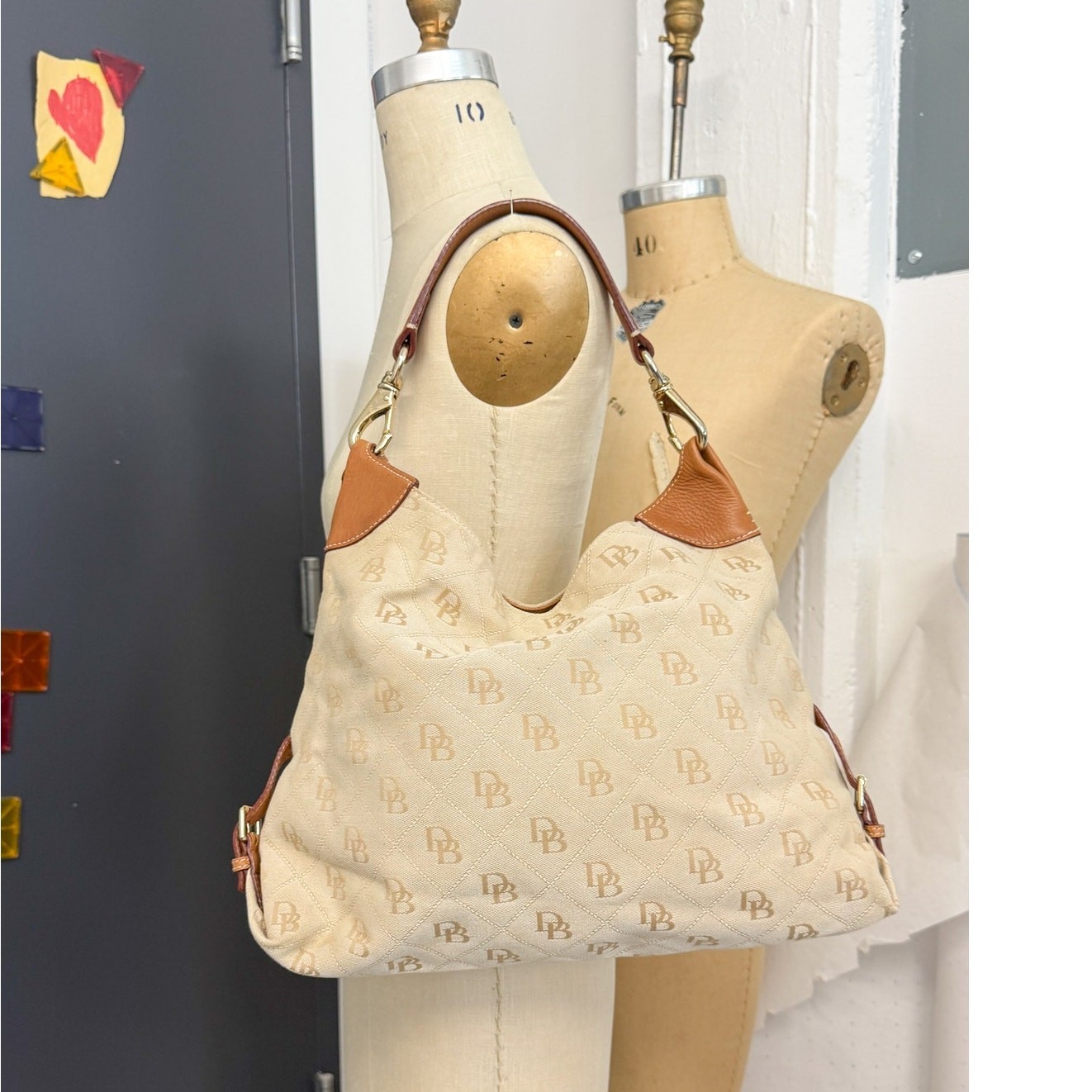 Dooney Bourke K7005639 Large Tan DB Signature Jacquard Leather Hobo Shoulder Bag