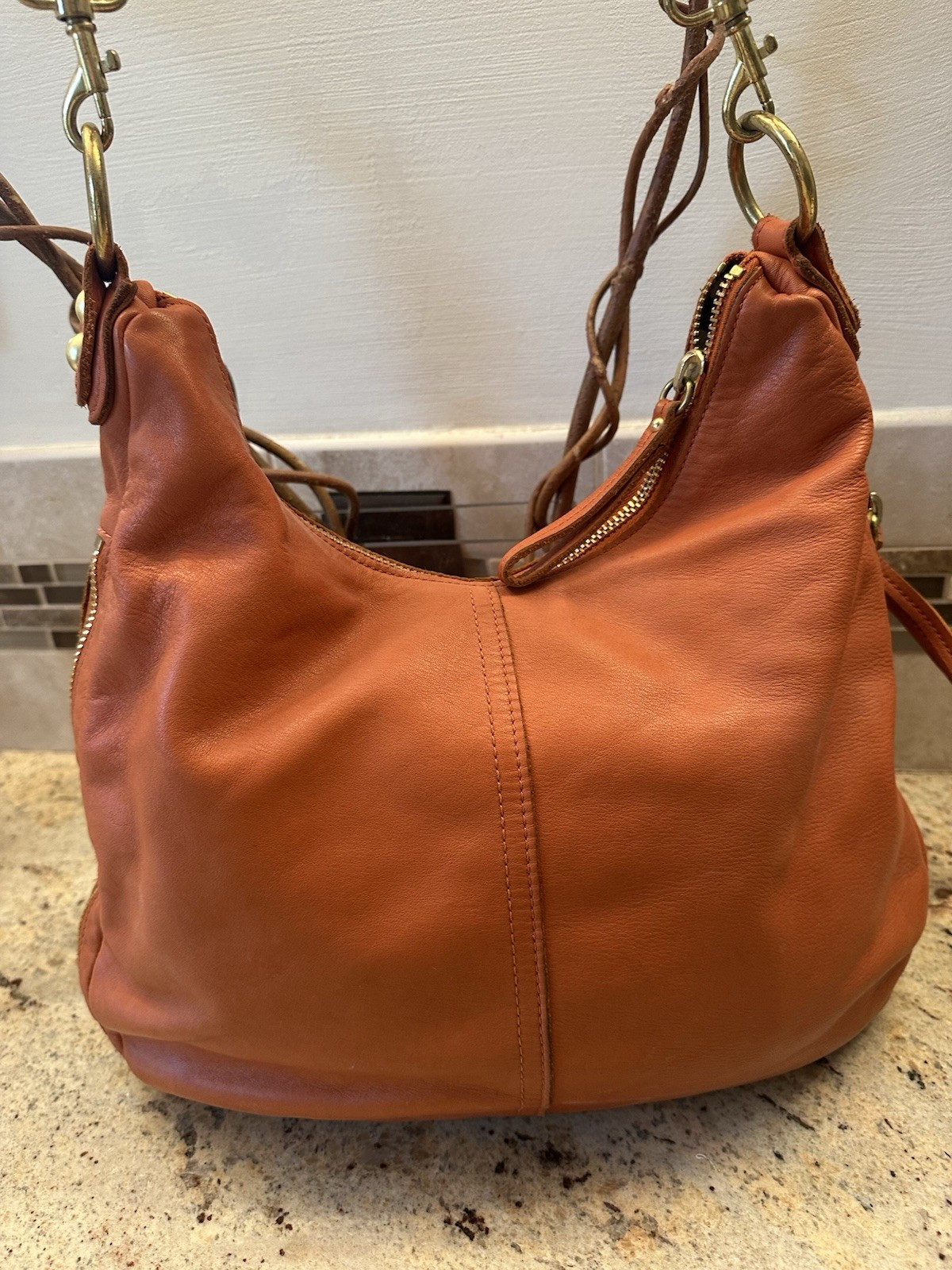 Linea Pelle Orange Leather Zippers Luxury Gold Hardware Purse Bag Pockets