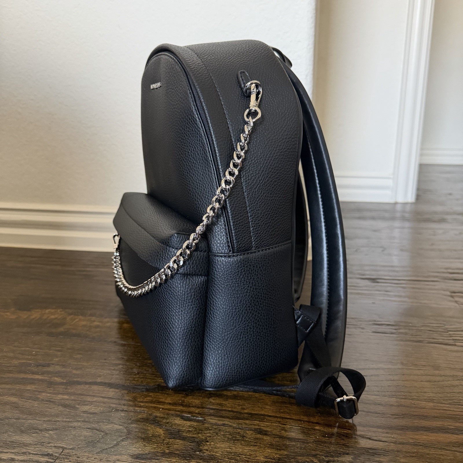 Michael Kors Black Backpack Silver Chain Zip Closure Adjustable Strap
