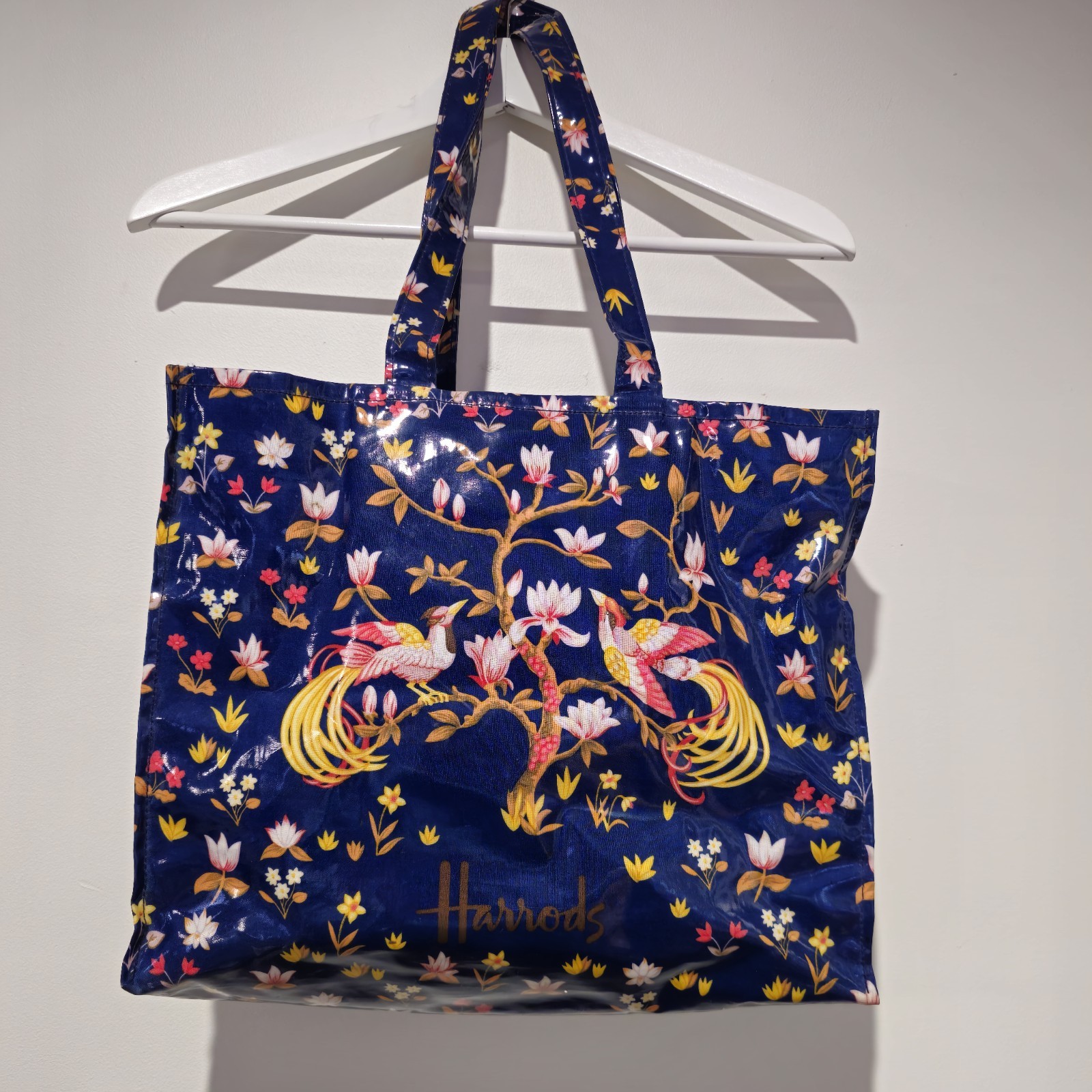 Harrods Knightsbridge London Tote Bag Navy Blue Floral Pheasant Print Vintage