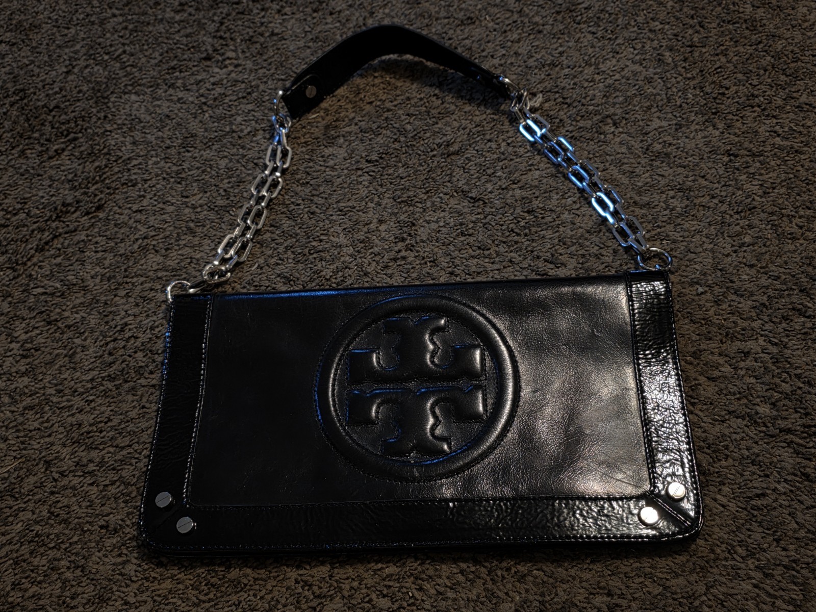 Tory Burch Bombe Reva Clutch Black Leather Purse Silver Chain Strap Small Bag