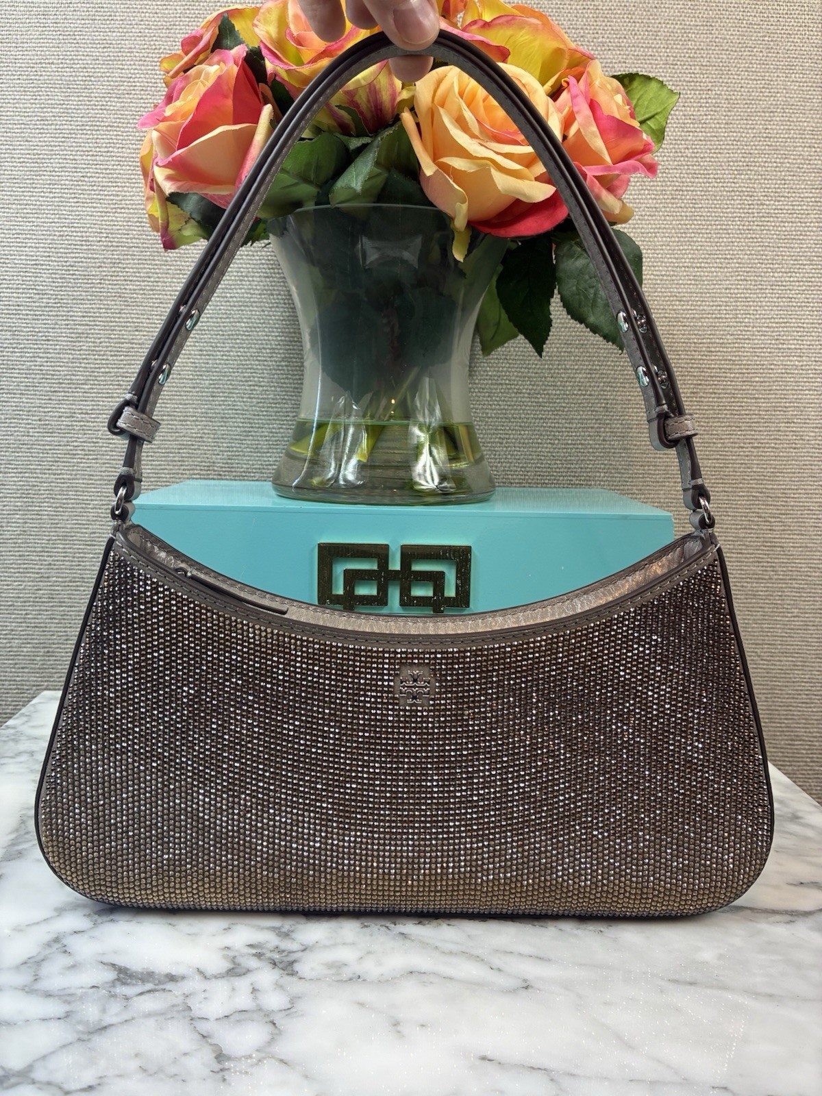 Tory Burch Dark Clay Crystal Embellished Emerson Shoulder Bag – NWT Retail $500