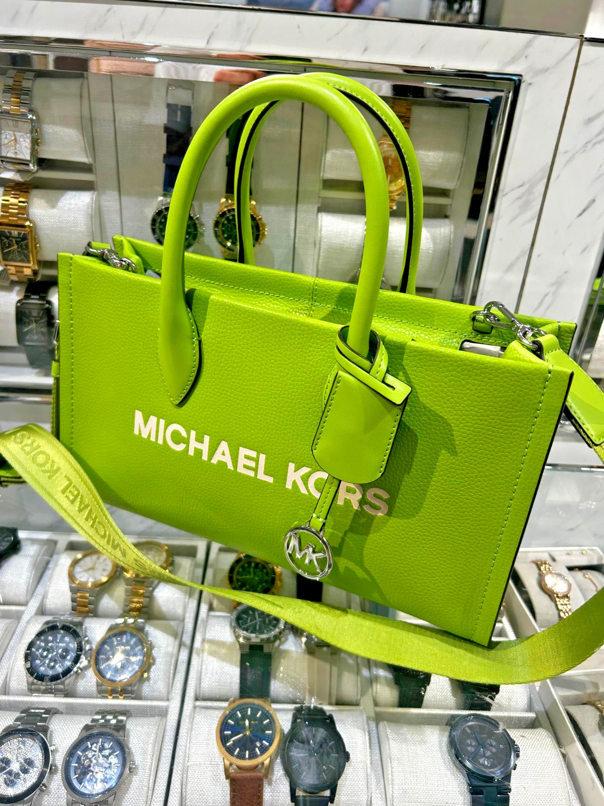Michael Kors Mirella Medium Handbag MK Leather Crossbody Satchel Bag Lime Green