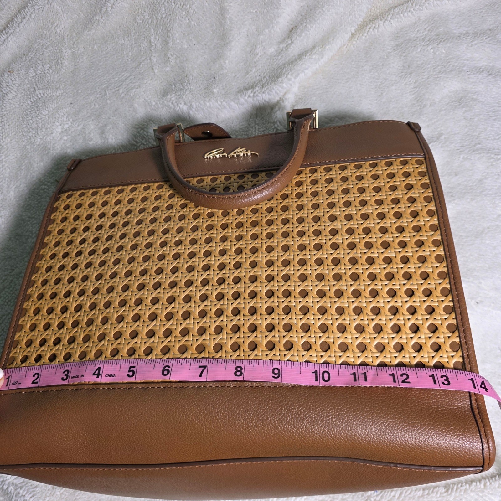 Anne Klein Tote Bag Brown Woven Straw Cane Faux Leather Travel Luxury NWOT