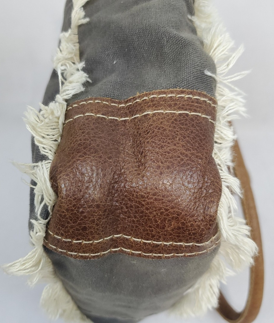 Myra Bag Scroll Print Canvas Fringe Buffalo Leather Cowhide Hair Zip Closure