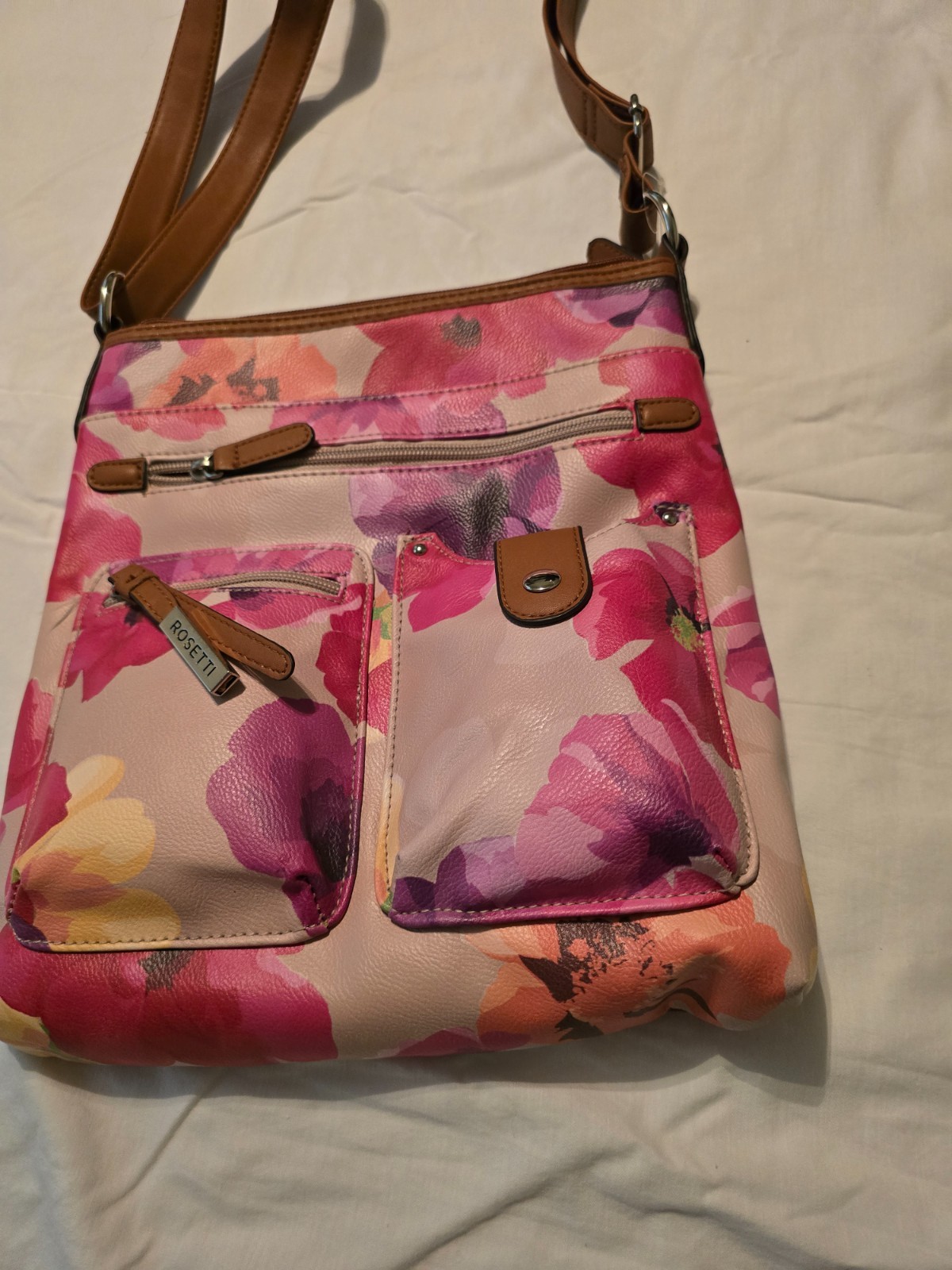 Rosetti new Floral Crossbody Bag NWOT pink purple multipocket faux leather purse