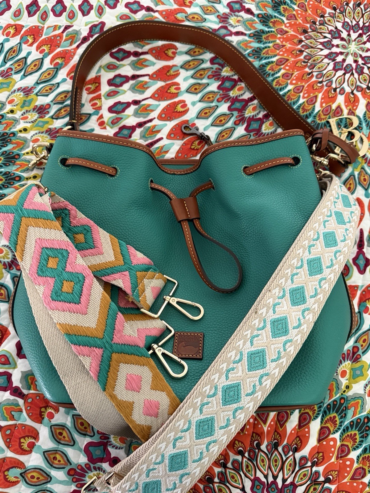 Dooney & Bourke Pebble Grain Teal Drawstring Shoulder Crossbody Purse $398 EUC