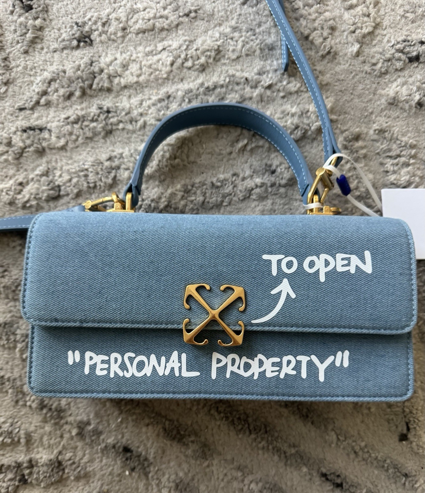 New Off-White Jitney Top Handle Bag Light Blue Denim Gold Tone Logo Crossbody
