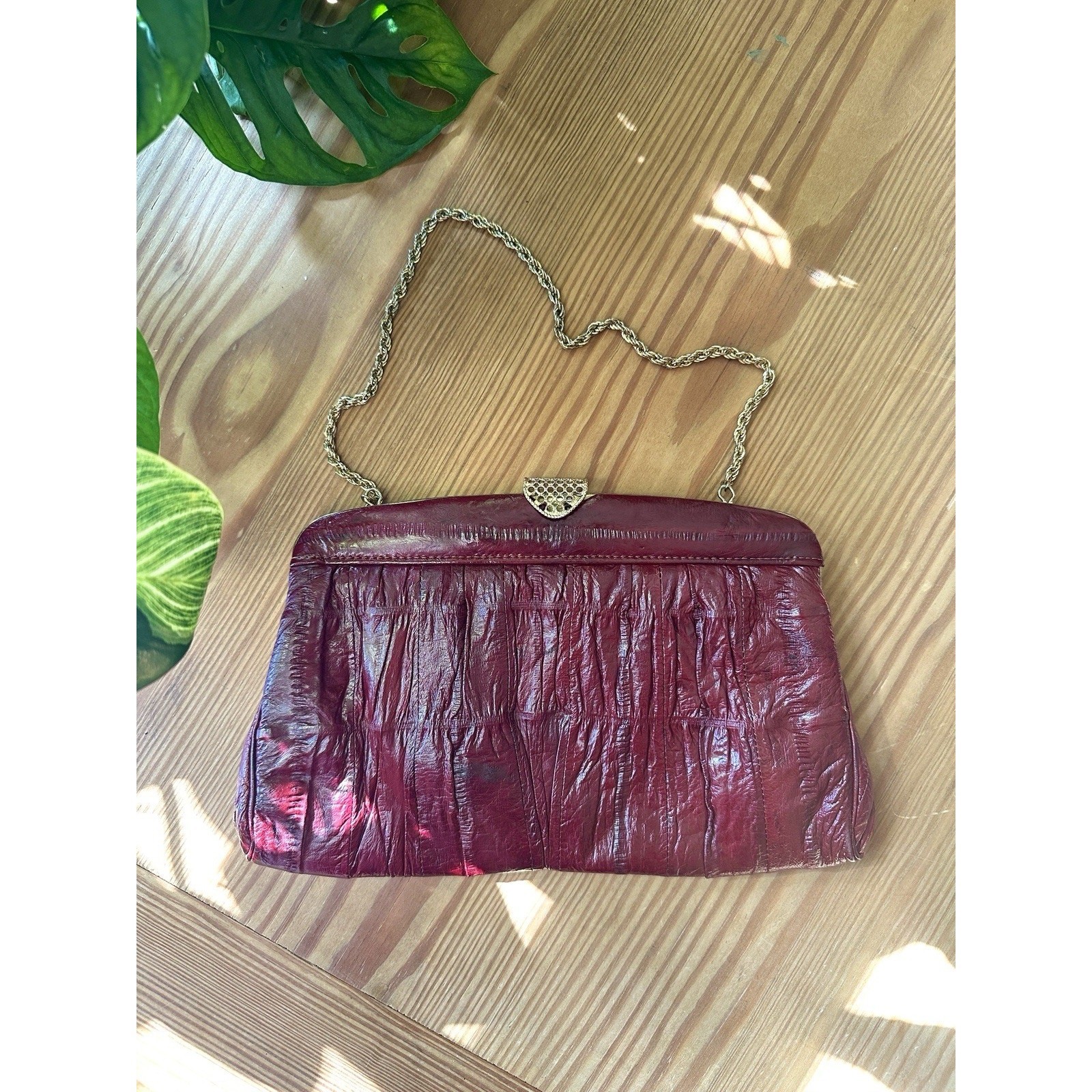 Vintage MiKwang Eel Skin Convertible Clutch, South Korea, Red, Chain Handle