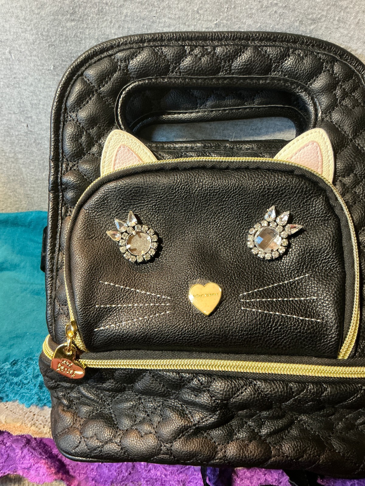 Bestey Johnson Black Cat Quilted Faux Leather Zip Shoulder Bag Lunch Box