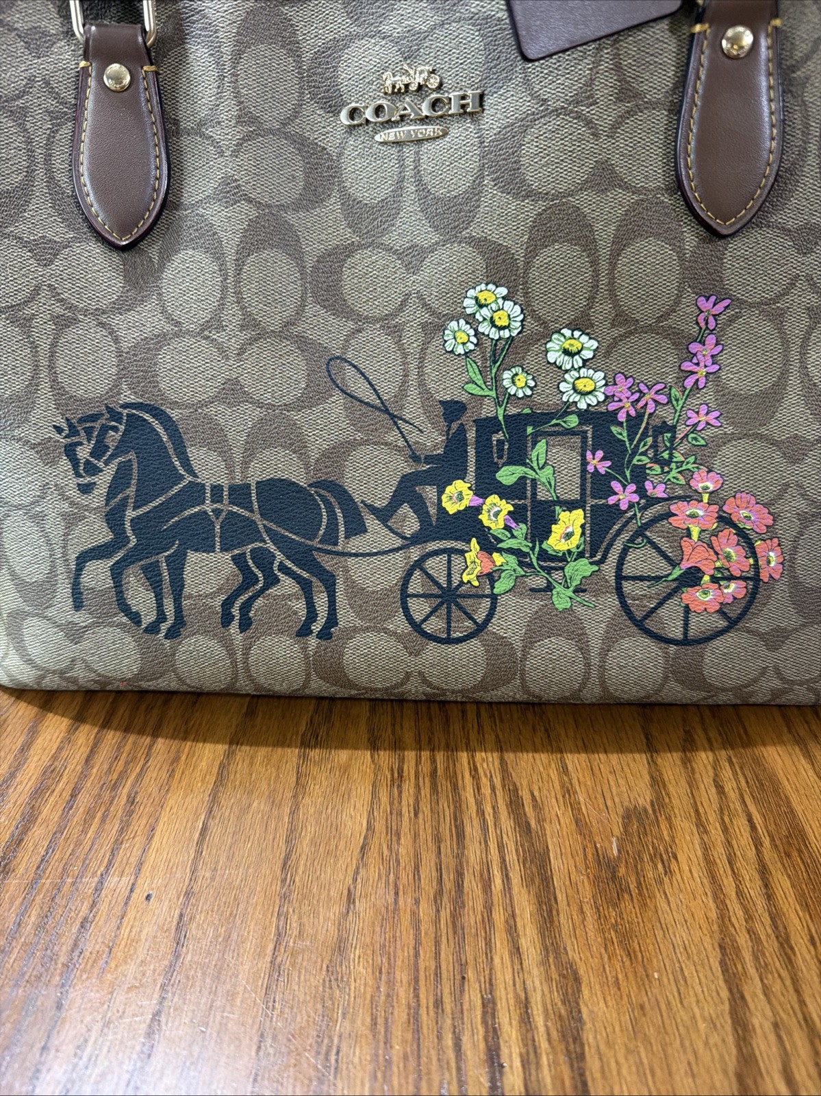 【Bag】pre Owned COACH Gallery Tote Bag Signature Canvas Floral Horse Carriage .