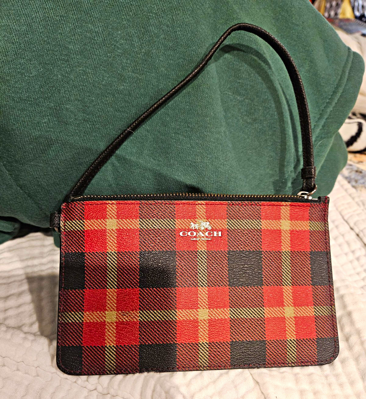 Authentic Coach Corner Zip Wristlet In Red And Black Buffalo Plaid.