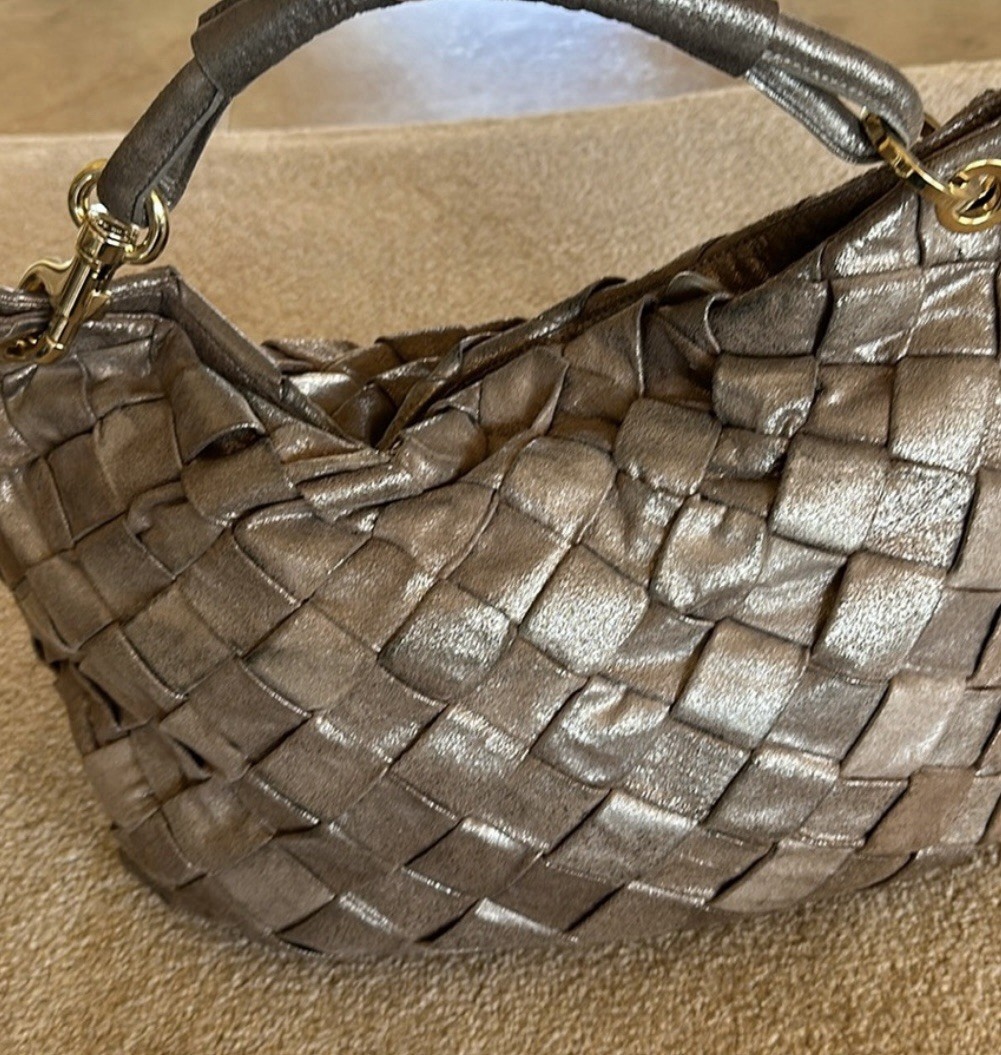 Authentic Jimmy Choo Sky Bag Shoulder Bag Matte Gold/Taupe GUC