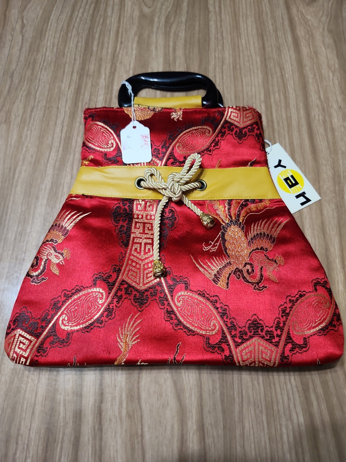 NWT Yan Bag 100% Silk Asian Red Yellow And Black 10.5×9″