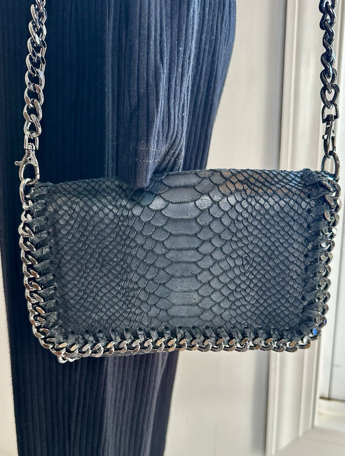 Italian Leather Python Embossed Chain Crossbody Clutch Black Made in Italy Purse