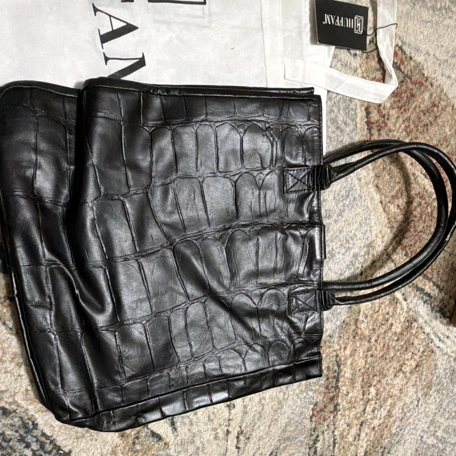 Dina Kent tote bag women black crocodile pattern zip double handles medium