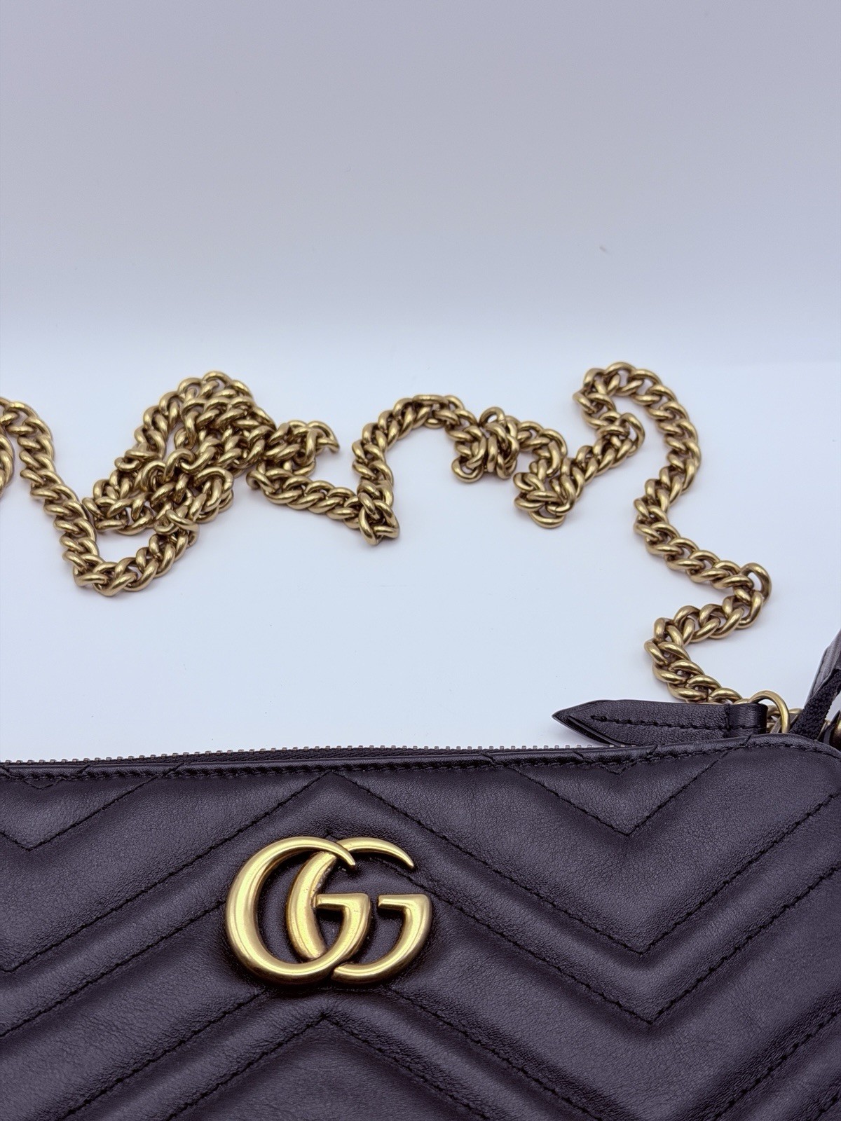 Gucci GG Marmont Mini Black Matelasse Chevron Quilted Zip Pouch Chain Strap