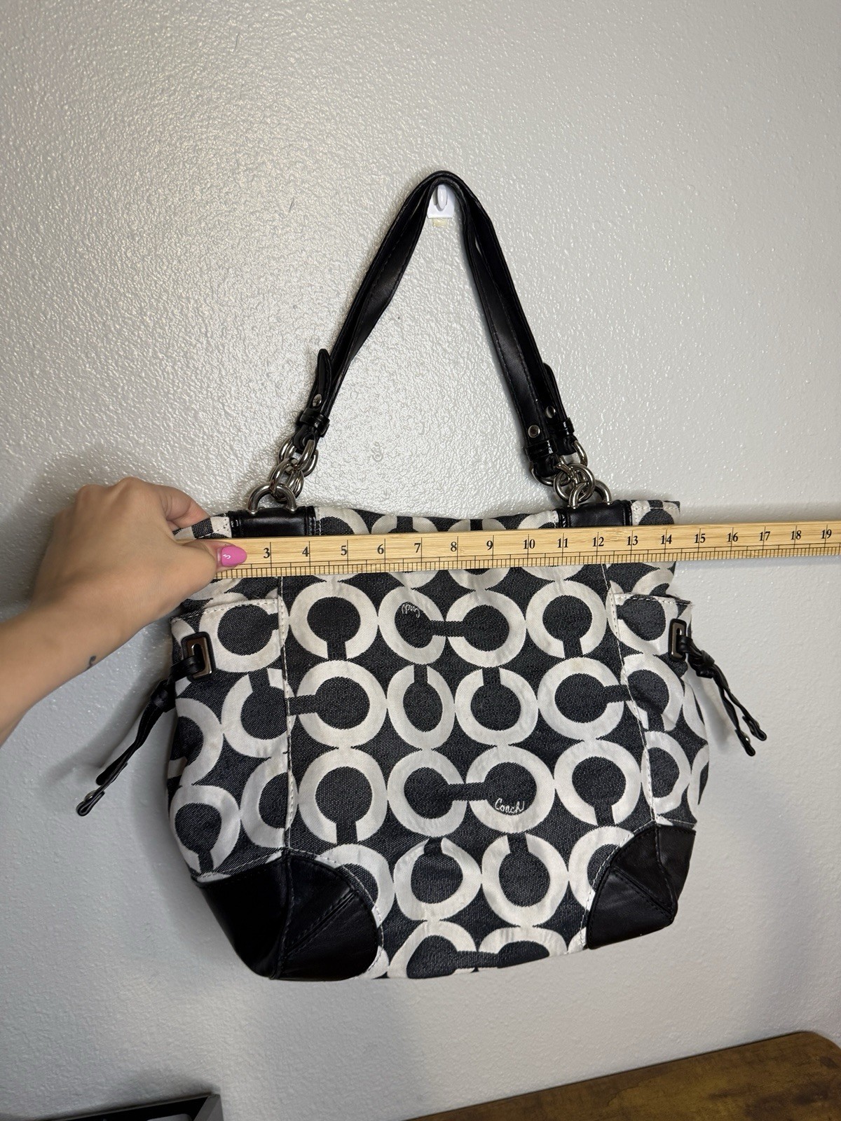 Coach Signature Op Art Draw String Sides Hobo Handbag Black White 14573