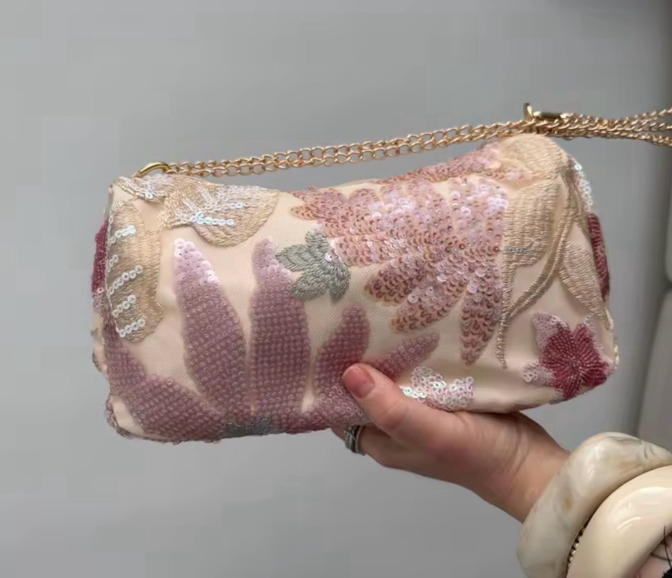 Sequin Beaded Floral Bag with Gold Chain Shoulder Strap