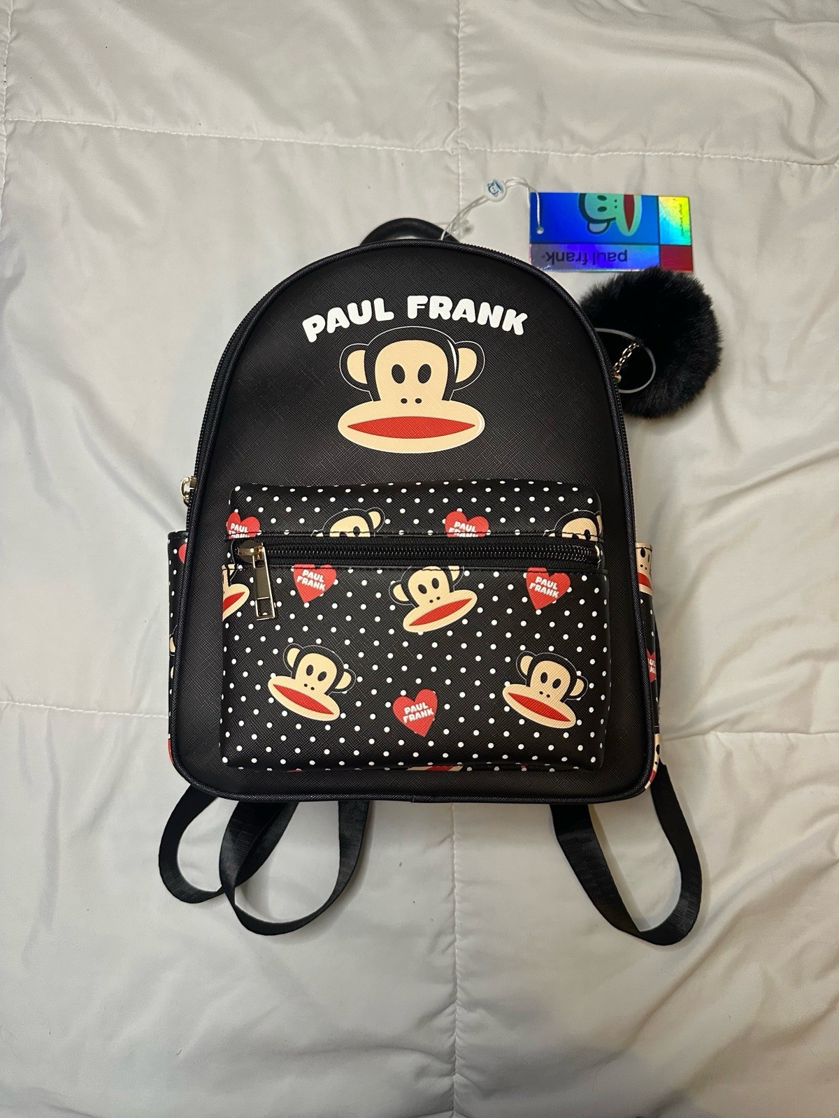 NWT Paul Frank Julius Monkey Mini Backpack Black Polka Dot Y2K Kidcore Pom Pom