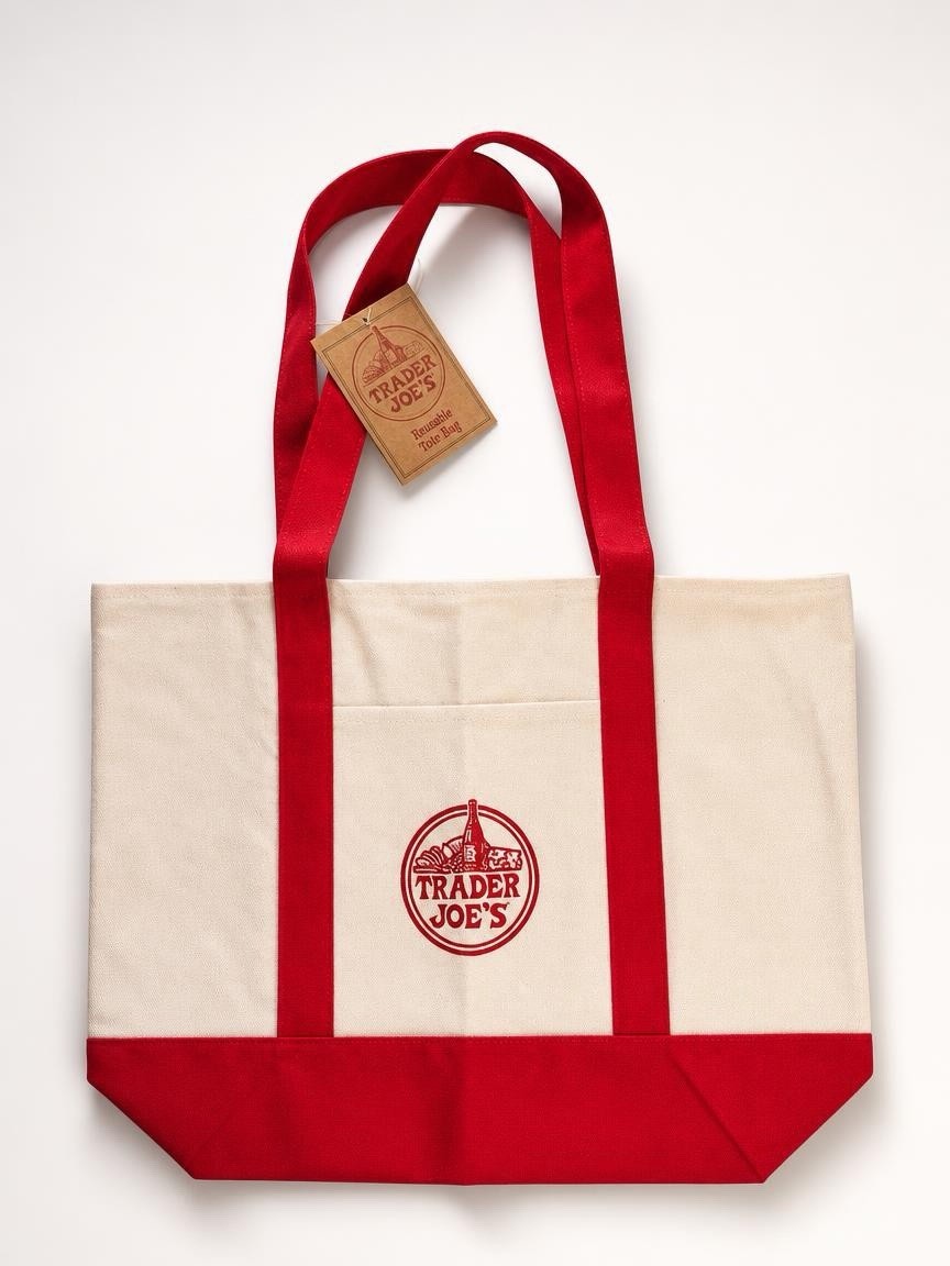 Trader Joe’s LARGE 💐RED 💐Reusable Canvas Tote Bag 🛒 🛍️ NEW with TAG.
