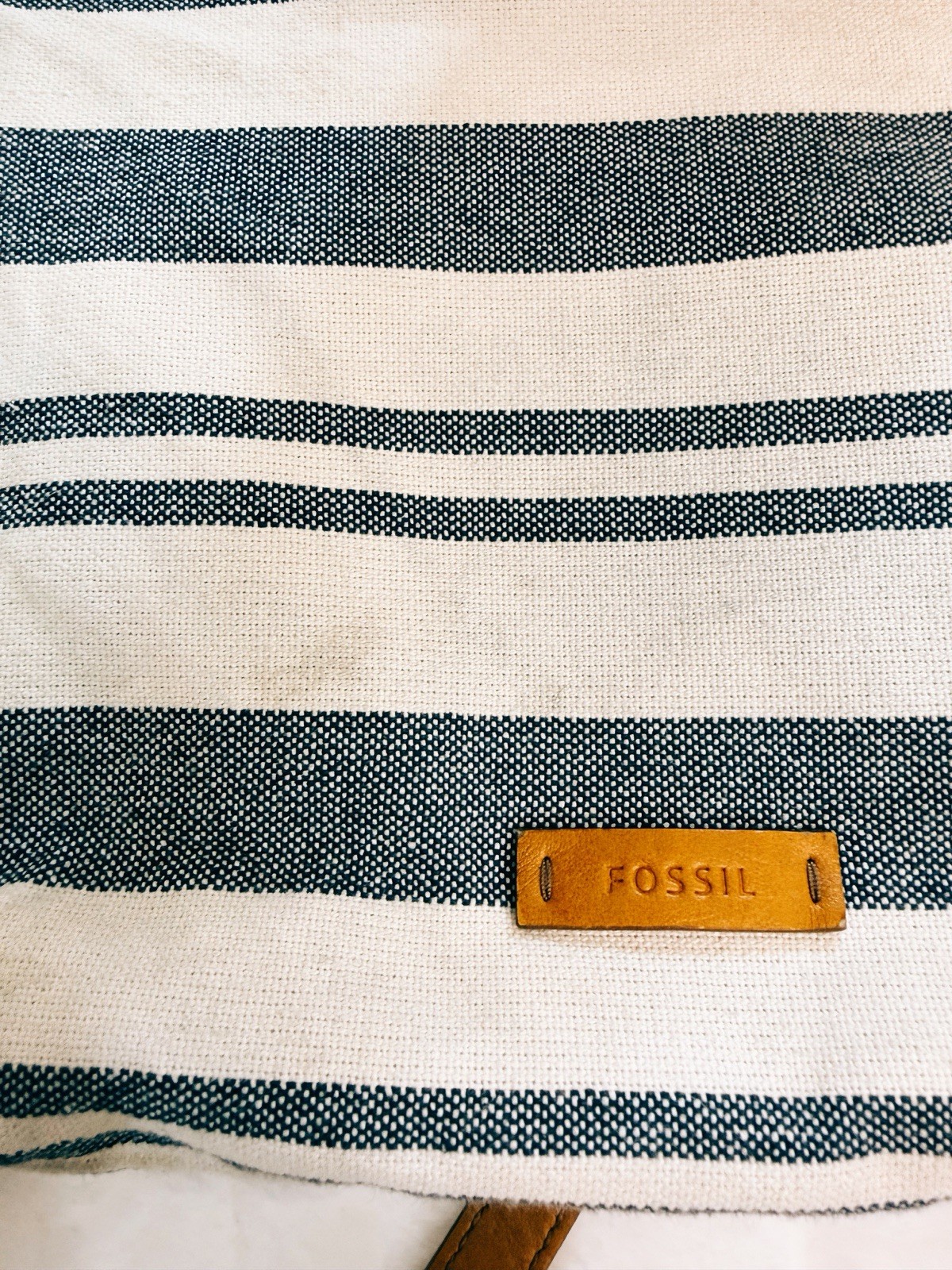 Fossil Canvas Stripe Crossbody Bag Cream Navy Leather Trim Adjustable Strap