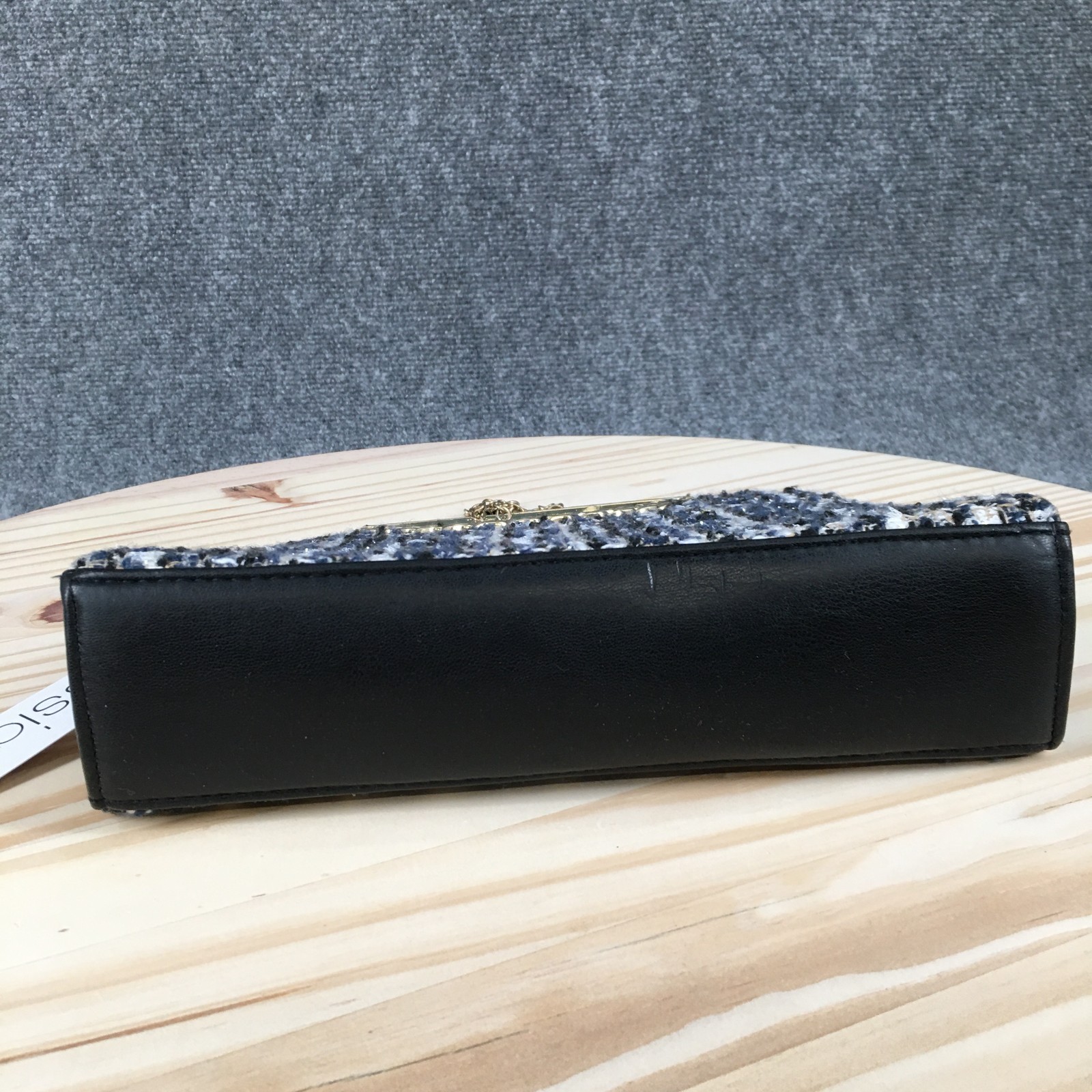 Alessia Tweed Clutch Crossbody Bag Black Cream Textured Gold Chain