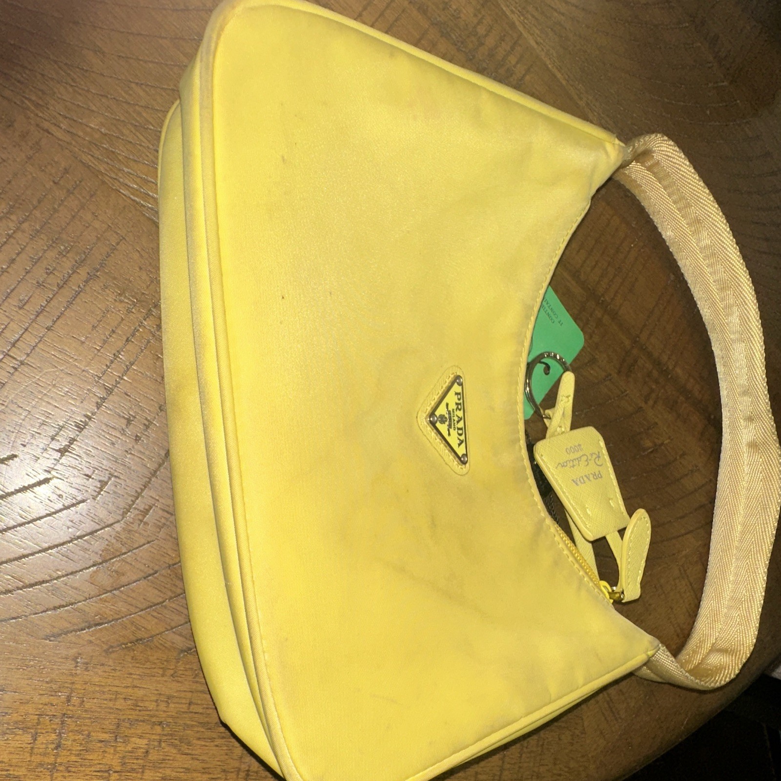 PRADA Yellow Crescent Shoulder Bag Small Zip Closure Silver Hardware Logo Card