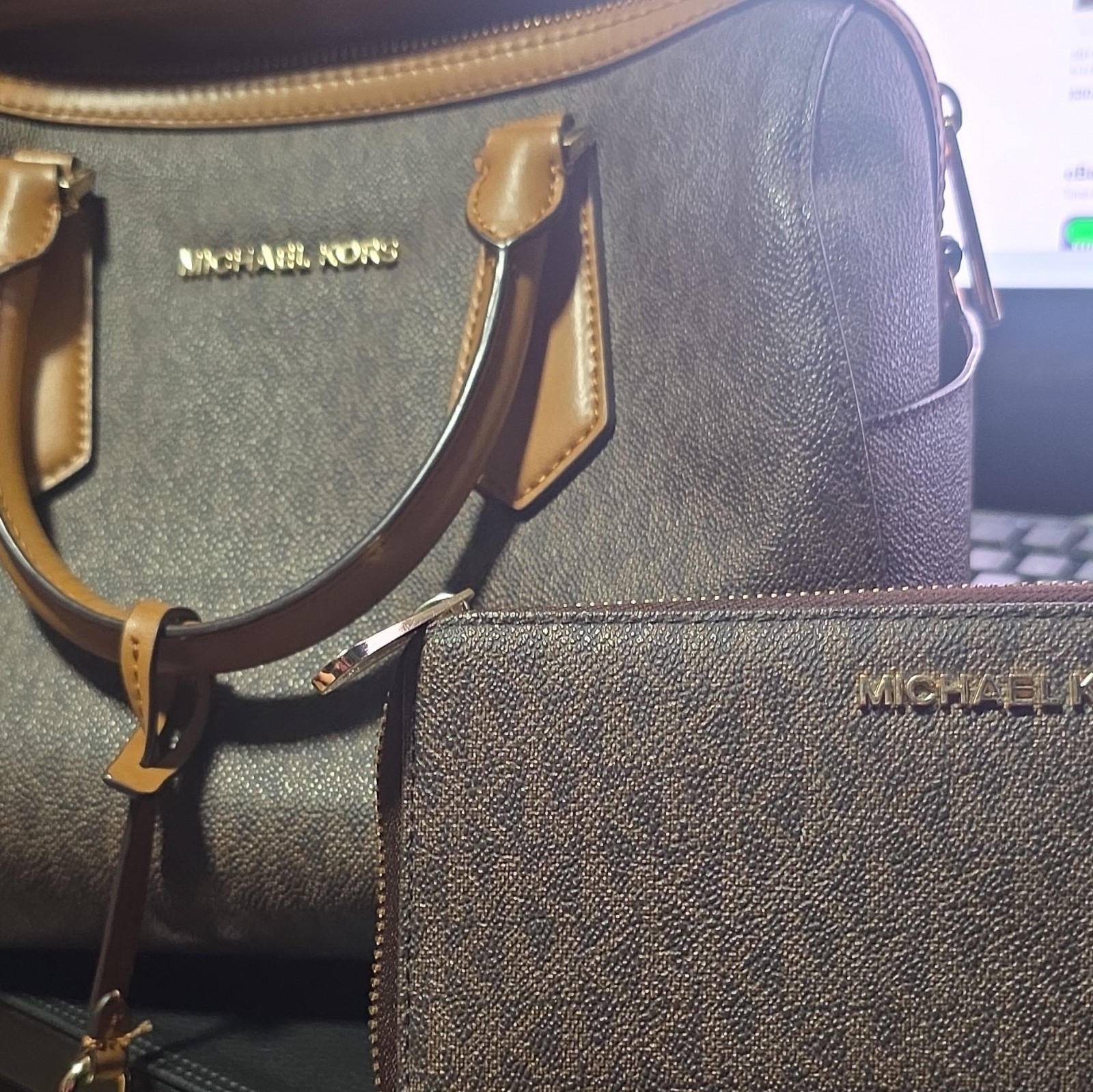 Michael Kors Brown Satchel Top Handle Zipper Bag W/ Matching Wallet (No Strap)
