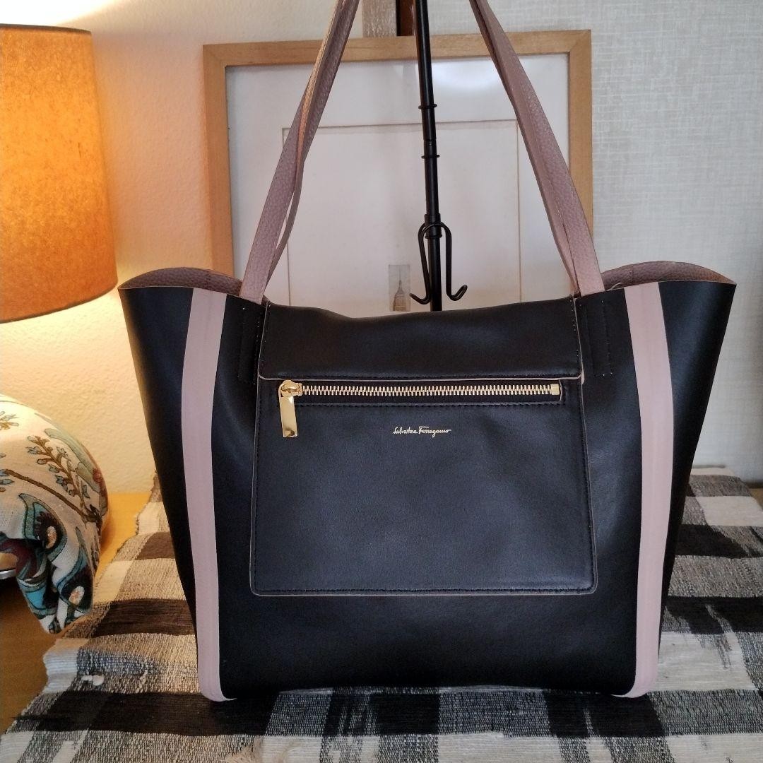 Authentic Salvatore Ferragamo Leather Tote Bag Pink Beige 28cm x 30cm x 15cm