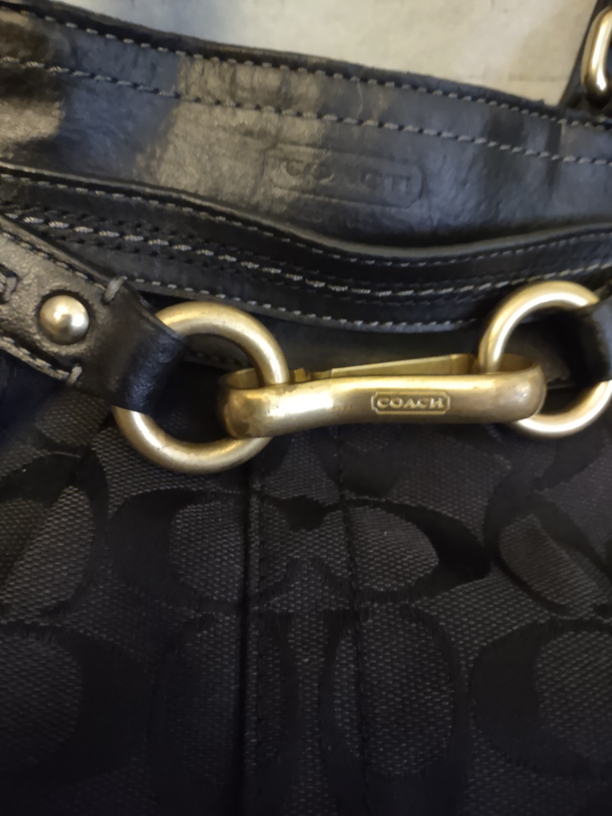 Coach Signature Black Jacquard Leather Trim Satchel Shoulder Bag Horsebit Charm