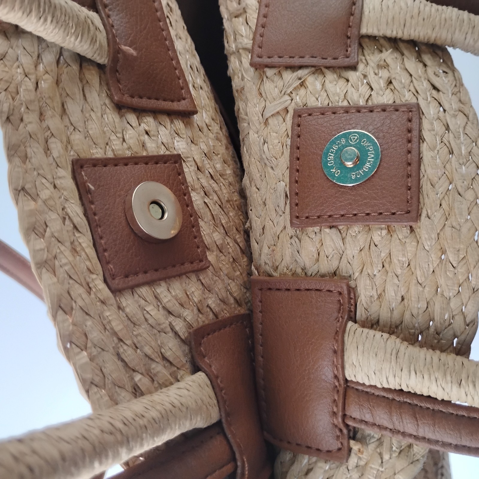 Woven Hand Bag W/ Shoulder Strap Faux Leather Snap Button Pocket