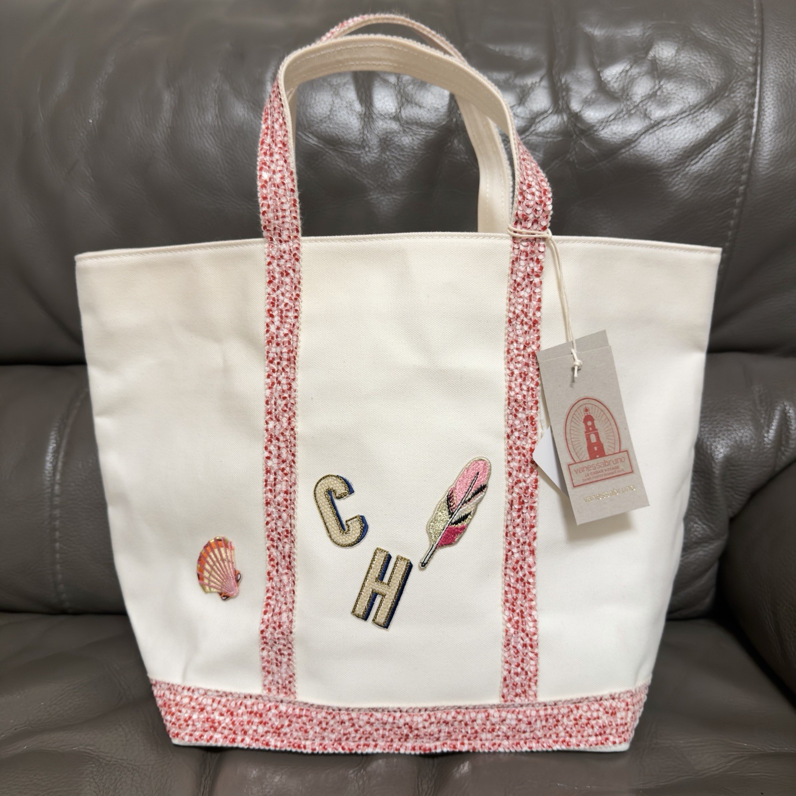 Vanessa Bruno Le Cabas Medium Canvas Summer Patches Milky White Tote Bag NWT
