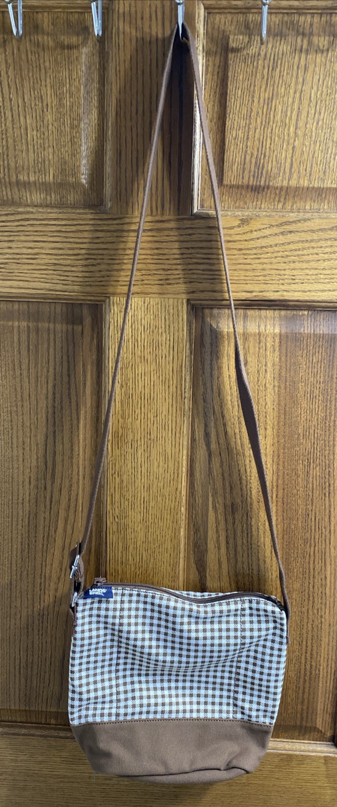 Lands End Crossbody Bag Brown & White Checkered Canvas Zip Tote Purse