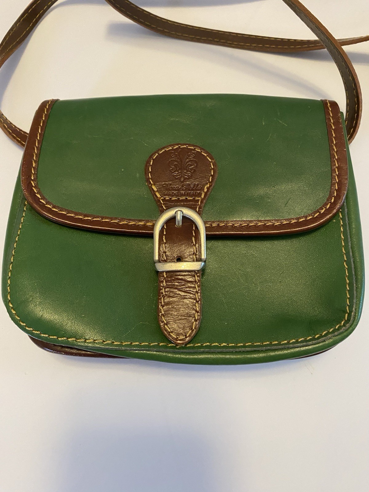 Vera Pelle Small Crossbody Bag Purse Real Leather Made in Italy Green/Brown