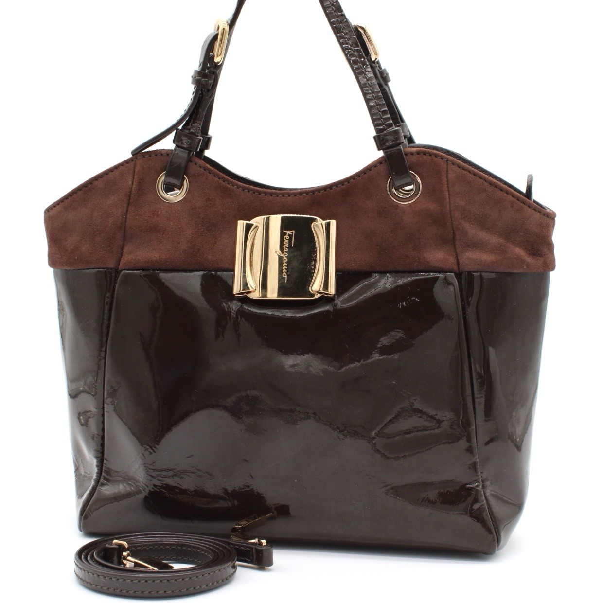 Salvatore Ferragamo Vara Brown Patent Leather Suede 2Way Handbag Shoulder Bag