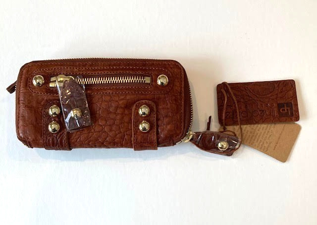 Linea Pelle cognac brown Dylan long zip gold studded wallet