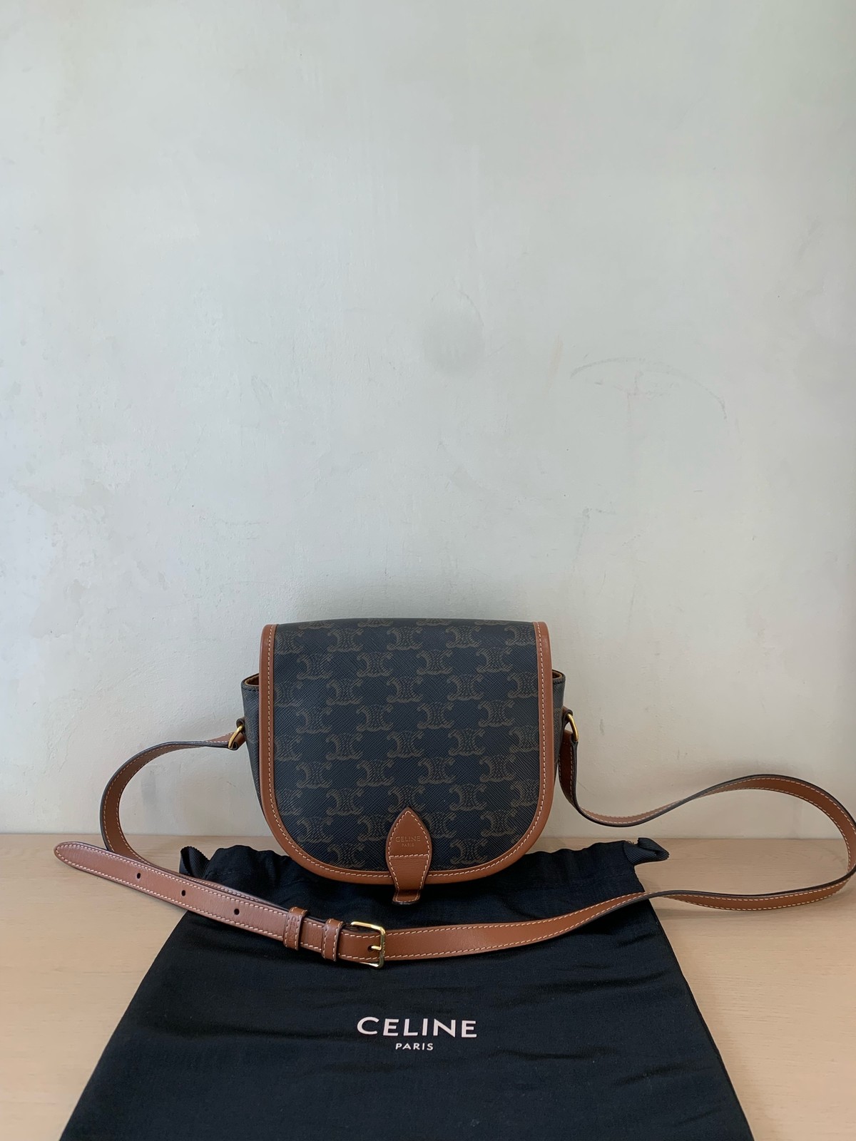 Celine Triomphe Saddle Reg Black/Brown Canvas Calf Underarm X-body Duty Paid
