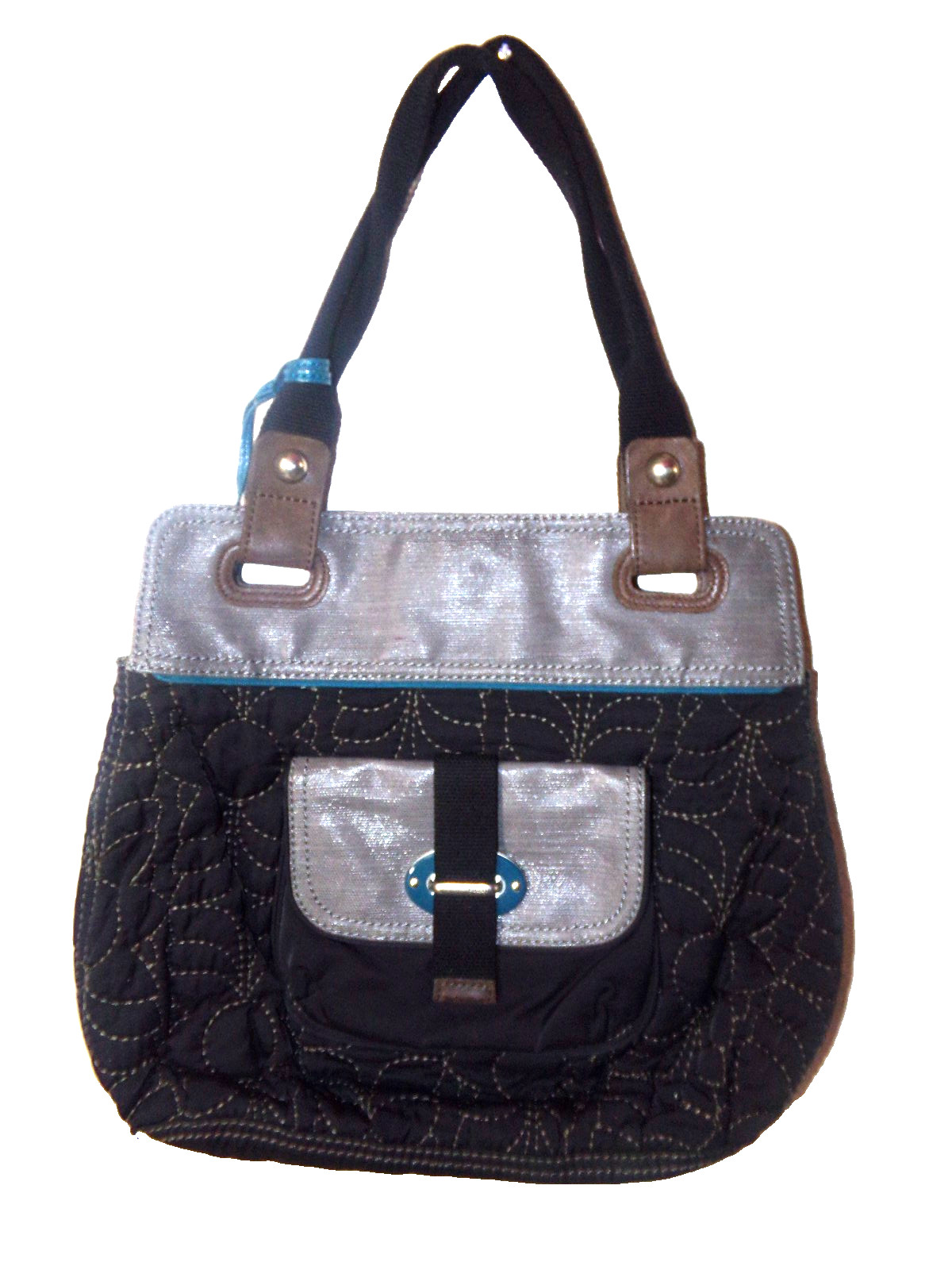 FOSSIL KEY PER MEDIUM TO LARGE TOTE SHOULDER NYLON BLACK GRAY & BLUE BAG