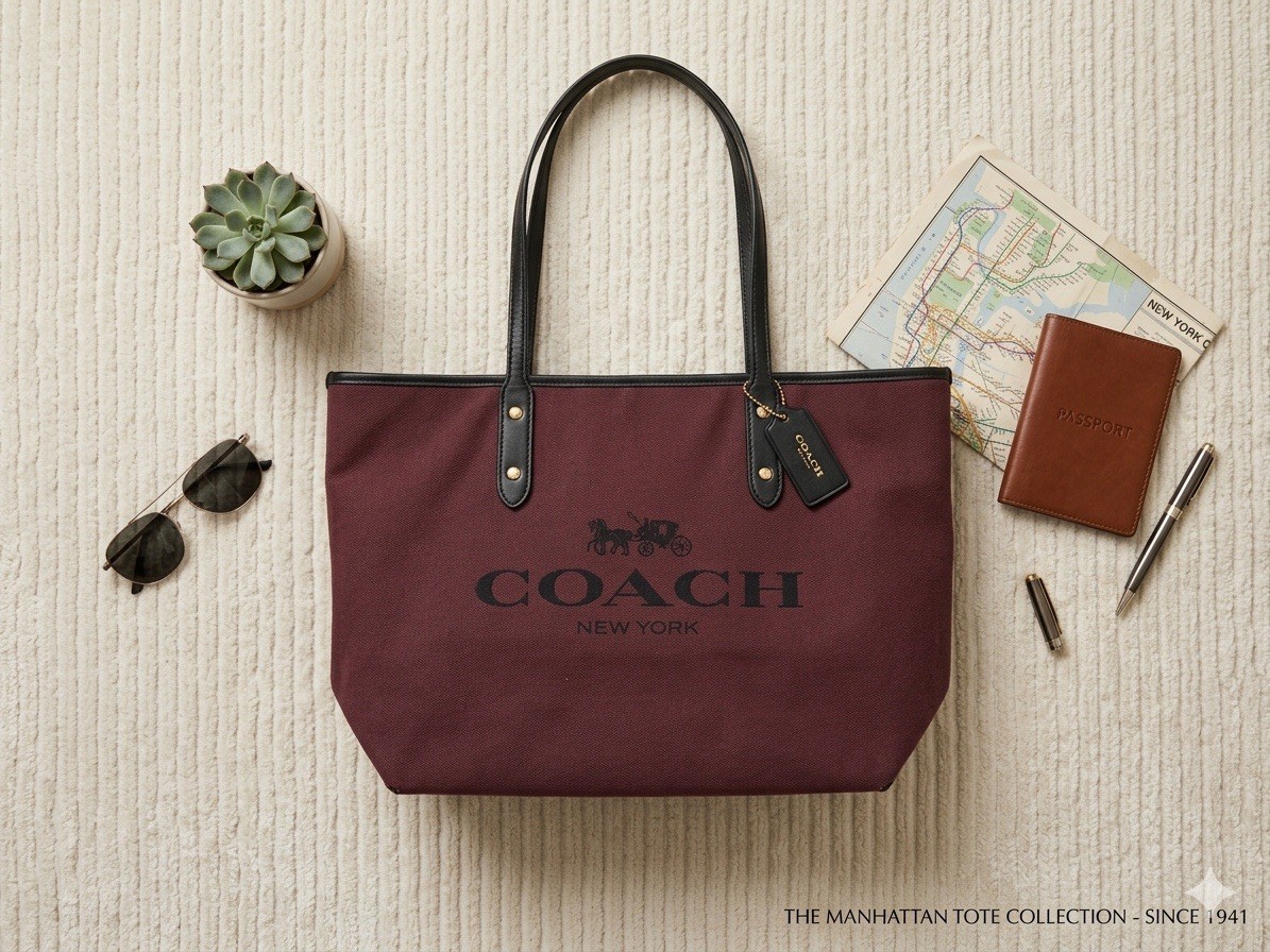 Coach Signature Canvas Tote Bag Burgundy Black Leather Trim Shoulder Handbag Y2K