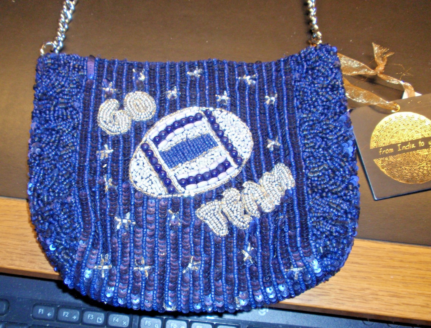 NEW Beaded Sequin Blue White Football “GO TEAM” Handbag Purse Handmade in India