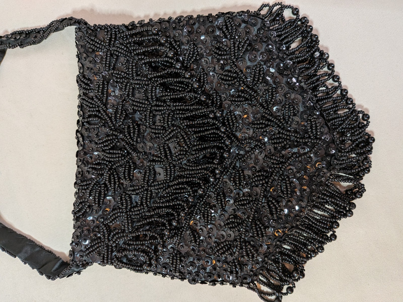 Small Black Purse Beaded Sequins Fringe Trim Flapper Hong Kong Evening Bag Prom