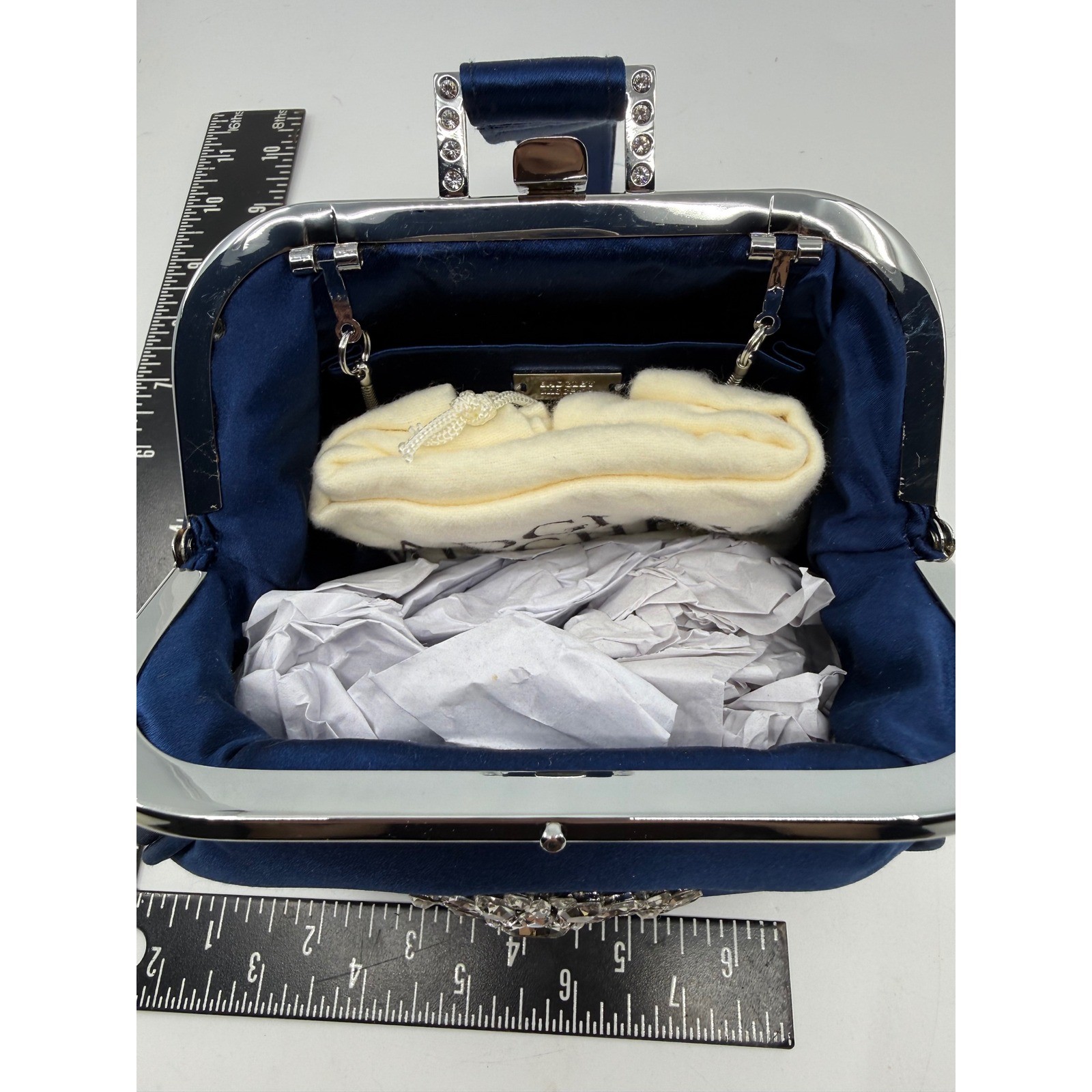Badgley Mischka Addison Navy Satin Crystal Brooch Evening Clutch Bag BLBG-10133